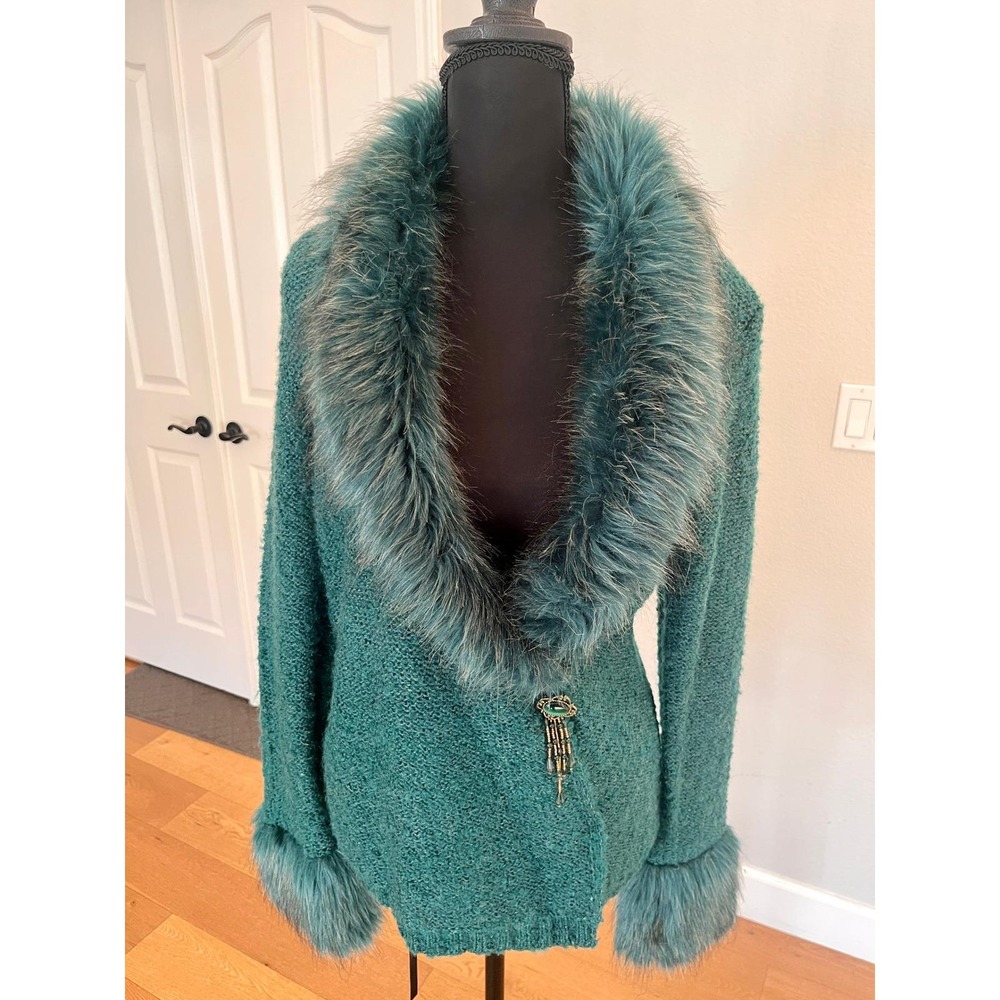 Vintage Teal Faux Fur Collar Jacket Turquoise Stone Tassel Sz S Carly St Claire - Picture 4 of 15